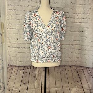 MELLODAY V-Neck Blue & White Floral Blouse